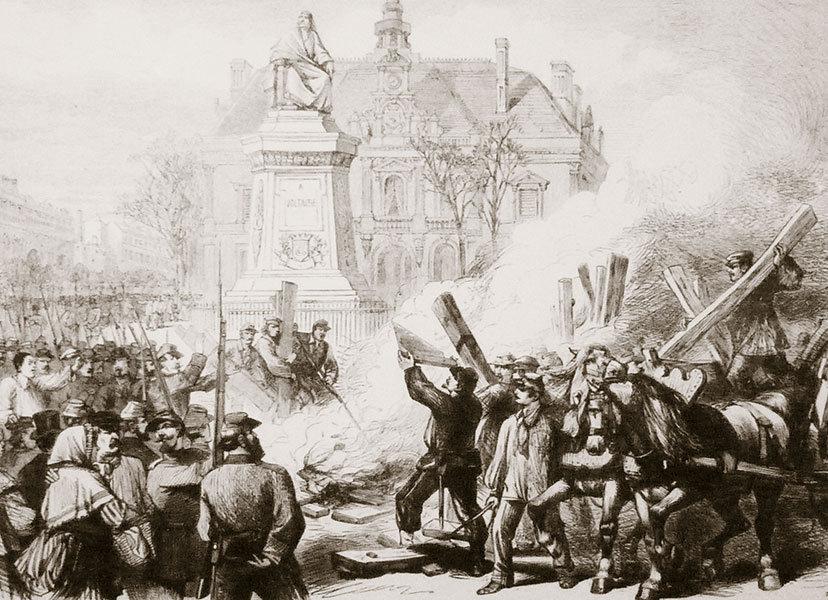 Old drawing of the burning guillotine